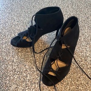 Black suede via spiga peep toe lace up heel